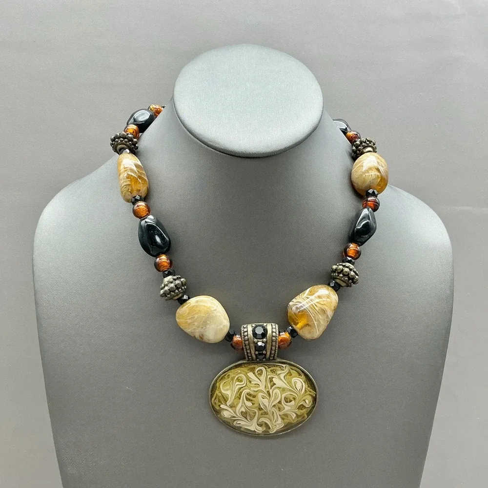 Chicos Necklace Womens Brown Black Swirl Pendant Chunky Beaded Statement Jewelry